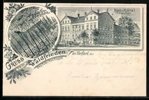 Lithographie Bad Salzuflen, Max Hoppe`s Kur-Hotel, Gasthaus Waldfrieden, Bes. Max Hoppe