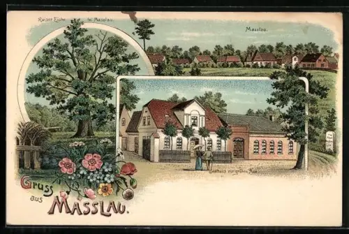 Lithographie Masslau, Gasthaus zur grünen Aue, Kaiser-Eiche und Ortsansicht
