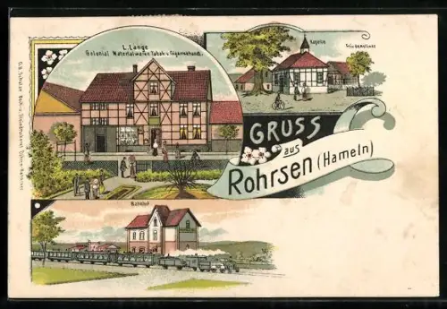 Lithographie Rohrsen /Hameln, Colonialwarenhandlung L. Lange, Bahnhof, Kapelle und Friedenslinde