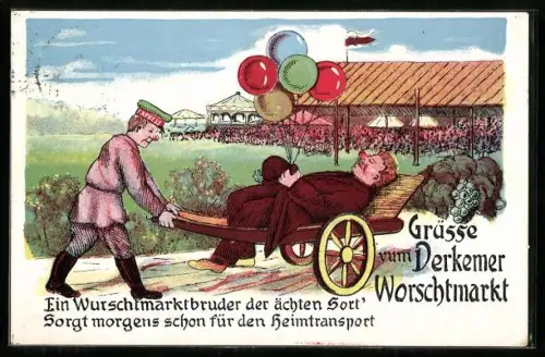 Künstler-AK Bad Dürkheim, Wurstmarkt, Mann fährt einen anderen auf einem Karren