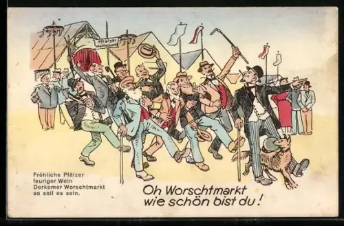 Künstler-AK Bad Dürkheim, Wurstmarkt, Fröhliche Männer mit Hund auf dem Festplatz
