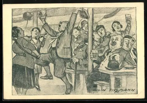 Künstler-AK Bad Dürkheim, Wurstmarkt, Betrunkene Männer im Festzelt