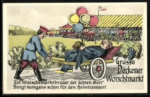 Künstler-AK Bad Dürkheim, Wurstmarkt, Betrunkener wird auf einer Karre gefahren