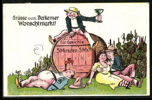 Künstler-AK Bad Dürkheim, Wurstmarkt, Personen am Weinfass