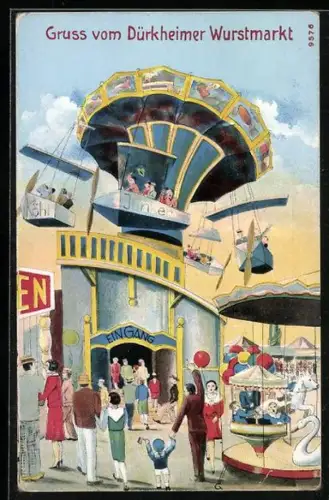 Künstler-AK Bad Dürkheim, Wurstmarkt, Fahrgeschäfte auf dem Festplatz