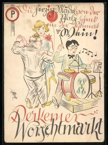 Künstler-AK Bad Dürkheim, Wurstmarkt, Tanzendes Paar mit Musiker