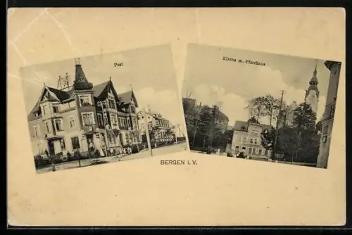 AK Bergen i. V., Post und Kirche mit Pfarrhaus