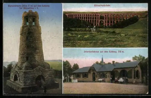 AK Netzschkau, Unterkunftshaus und Bismarckturm auf dem Kuhberg, Göltzschtalbrücke