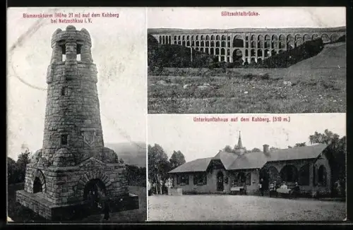AK Netzschkau, Unterkunftshaus und Bismarckturm auf dem Kuhberg, Göltzschtalbrücke