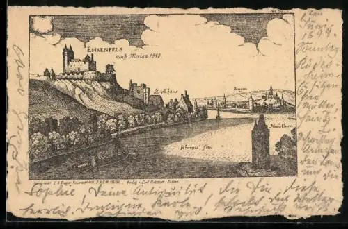 Künstler-AK Ehrenfels, Mit Burg Ehrenfels, Zollhaus und Bingen