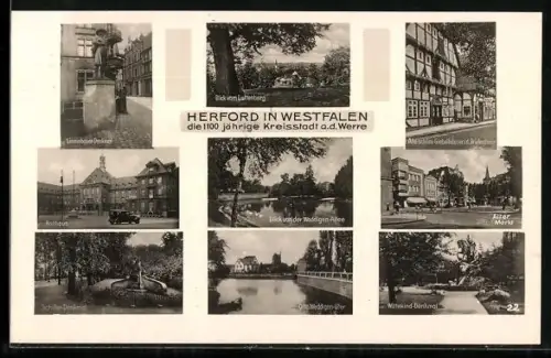 AK Herford, Blick vom Luttenberg, Linnenbauer Denkmal, Schillerdenkmal, Wittekind-Denkmal, auf dem alten Markt