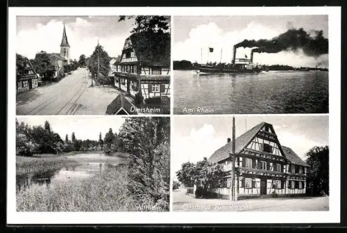 AK Diersheim, Gasthaus zum Rappen, Rheinansichten, Ortspartie mit Kirche