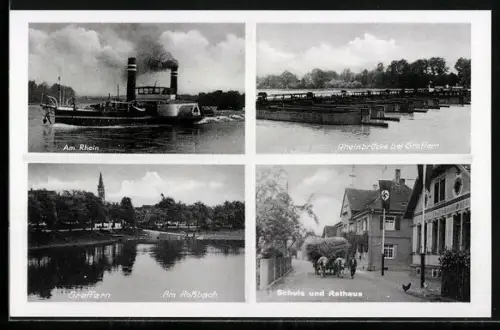 AK Greffern, Rheinbrücke, Am Rhein, Schule und Rathaus mit 