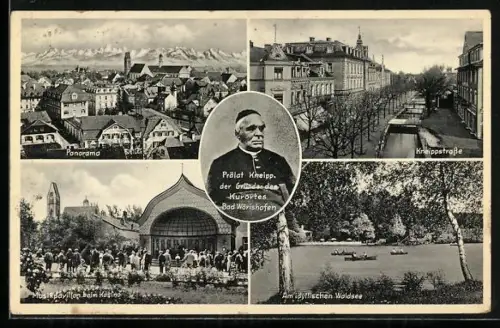 AK Bad Wörishofen, Prälat Kneipp, Panorama, Kneippstrasse, Musikpavillon und Waldsee
