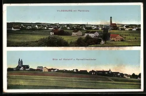 AK Vilsbiburg, Panorama mit Pfarrkirche, Mariahilf und Karmelitinenkloster