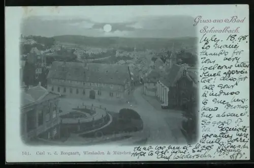 Mondschein-AK Bad Schwalbach, Teilansicht des Ortes mit Umgebung