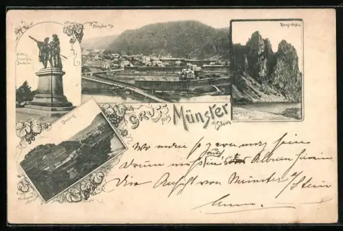 AK Münster a. Stein, Rheingrafenstein, Totalansicht, Ebernburg und Denkmal