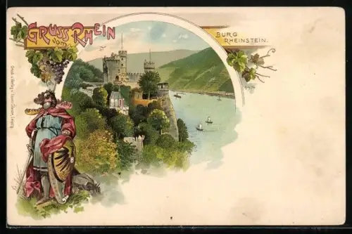Lithographie Rheinstein, Burg mit Rheinansicht, Ritterfigur