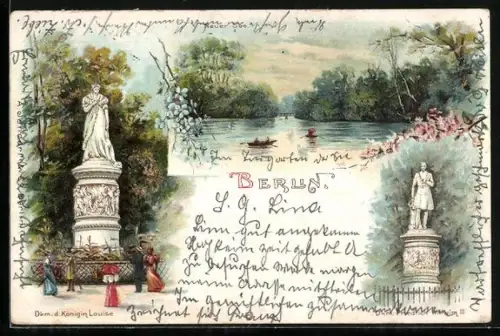 Lithographie Berlin-Tiergarten, Neuer See, Dkm. d. Königin Louise, Dkm. Friedrich Wilhelm III