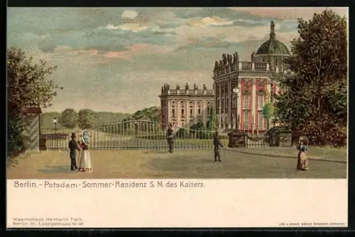 Lithographie Potsdam, Sommer-Residenz des Kaisers, Frauen mit Schirm, Männer mit Gehstock