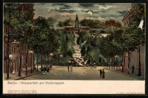 Lithographie Berlin-Kreuzberg, Wasserfall am Victoriapark, Strasse, Vollmond