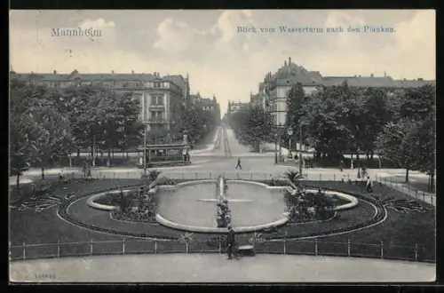 AK Mannheim, Blick vom Wasserturm nach den Planken