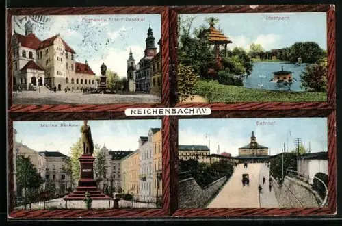 AK Reichenbach i. V., Moltke-Denkmal, Bahnhof, Postamt und Albert-Denkmal