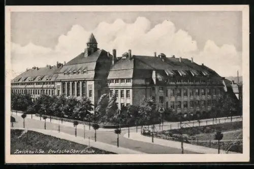 AK Zwickau i. Sa., Deutsche Oberschule mit Kreuzung aus der Vogelschau