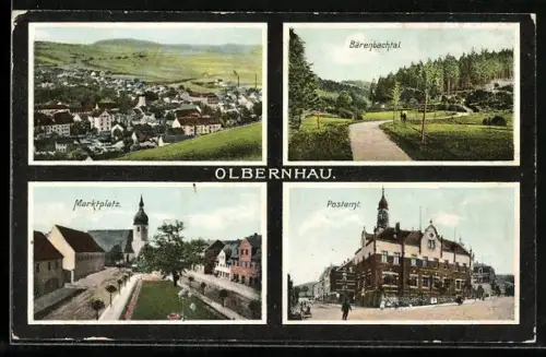 AK Olbernhau, Postamt, Marktplatz, Totalansicht