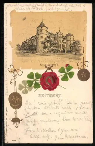Lithographie Stuttgart, Altes Schloss, Klee und Hufeisen