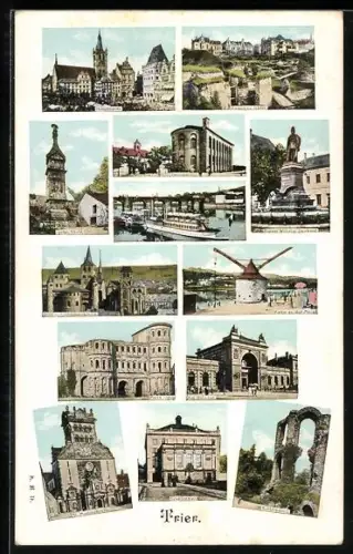 AK Trier, Porta Nigra, Am Bahnhof, Kaiserpalast, Stadttheater