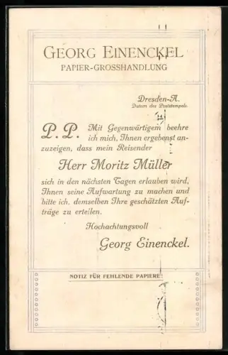 AK Dresden, Korrespondenzkarte Papier-Grosshandlung Georg Einenckel, Bankstrasse 6