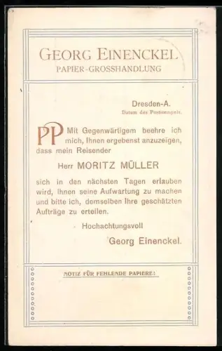 AK Dresden, Korrespondenzkarte Papier-Grosshandlung Georg Einenckel in der Bankstrasse 6