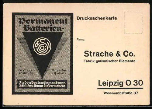 AK Leipzig, Bestellkarte von Strache & Co., Fabrik galvanischer Elemente, Permanent Batterien