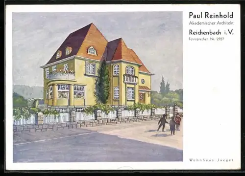 Künstler-AK Reichenbach i. V., Wohnhaus Jaeger, Architekt Paul Reinhold