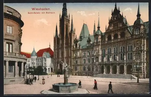 AK Wiesbaden, Schlossplatz mit Rathaus u. Brunnen