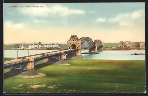 AK Düsseldorf, Rheinbrücke mit Wiesen