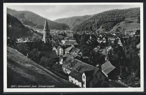 AK Zell / Wiesental, Ortsansicht mit Kirche und Hügeln