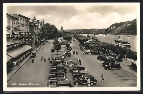AK Koblenz, Partie am Rheinufer mit Autos u. Dampfer