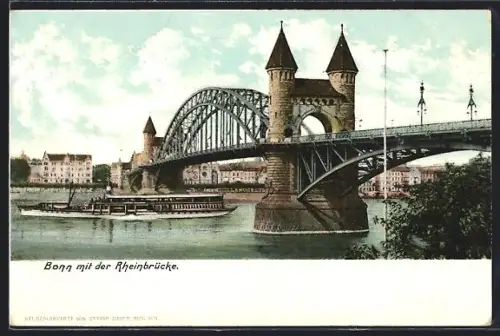 AK Bonn, Blick auf die Rheinbrücke mit Dampfer