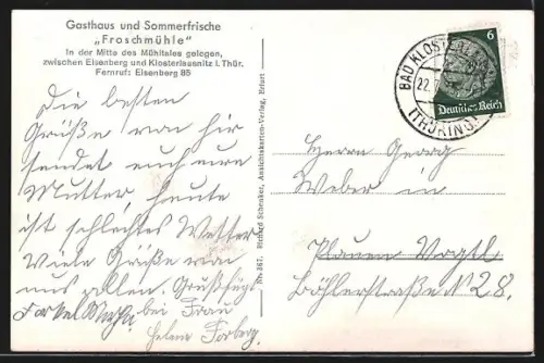 AK Klosterlausnitz i. Thür., Gasthaus Froschmühle, Mühlen des Mühltals
