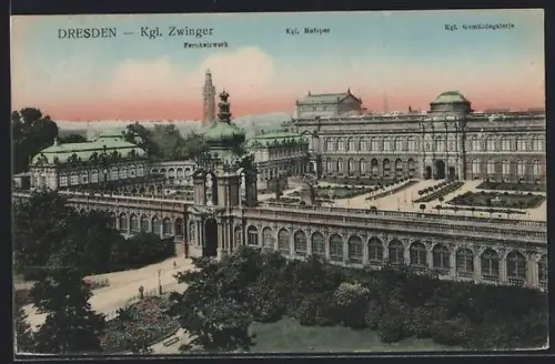 AK Dresden, Königlicher Zwinger mit Fernheizwerk, Königlicher Opfer und Königlicher Gemälde-Galerie