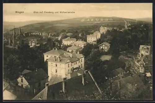 AK Siegen, Teilansicht des Ortes aus der Vogelschau mit Giersberg und Michaeliskirche