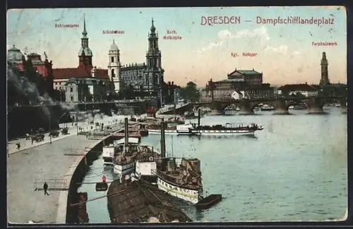AK Dresden, Dampfschifflandeplatz mit Schlossturm, Ständehaus, Hofkirche, Hofoper und Fernheizwerk