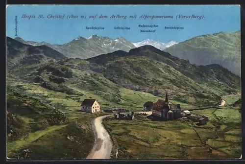 AK St. Christof /Vorarlberg, Hospiz St. Christof auf dem Arlberg mit Alpenpanorama