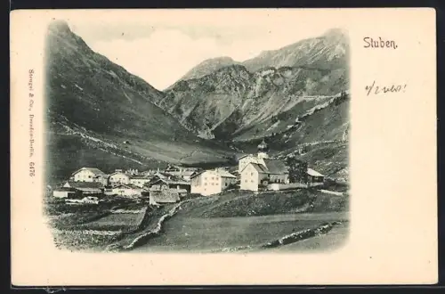 AK Stuben, Ortsansicht mit Bergpanorama