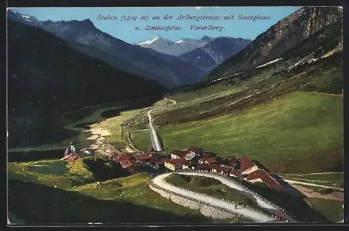 AK Stuben /Vorarlberg, Stuben mit Arlbergstrasse, Scesaplana und Zimbaspitze