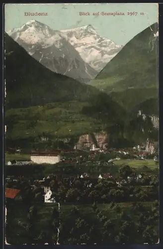 AK Bludenz, Ortsansicht mit Blick auf Scesaplana