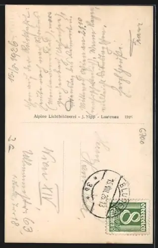 AK Bludenz, Ortsansicht mit Kirche gegen das Hochgebirge