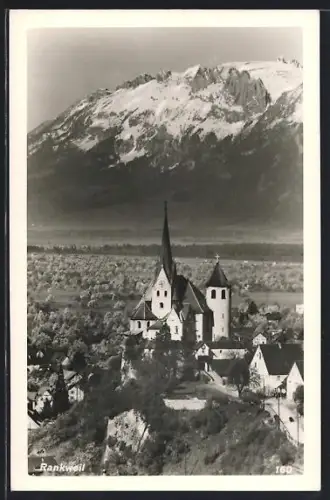 AK Rankweil, Teilansicht mit Kirche gegen das Hochgebirge